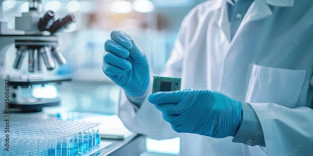 A technician holding a computer chip with gloves, set against a laboratory backdrop. A technician holding a computer chip with gloves, set against a laboratory backdrop.