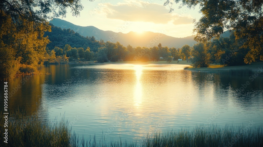 Serene sunset over a tranquil lake surrounded by mountains and lush trees. Serene sunset over a tranquil lake surrounded by mountains and lush trees.