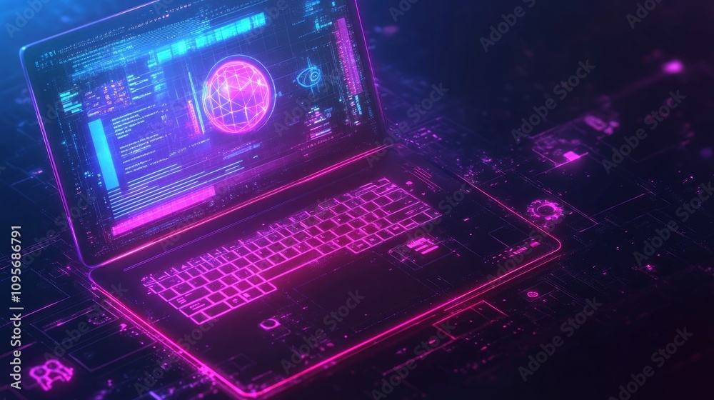 Futuristic laptop with glowing neon interface displaying data and graphics. Futuristic laptop with glowing neon interface displaying data and graphics.