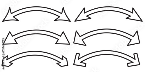 Dual arrow. Dual semi circle arrow. Vector illustration. Semicircular curved thin long double ended arrow. Black arrow Set.
