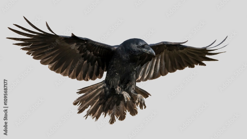 Obraz premium Black raven isolated on white background, crow cutout in empty backdrop