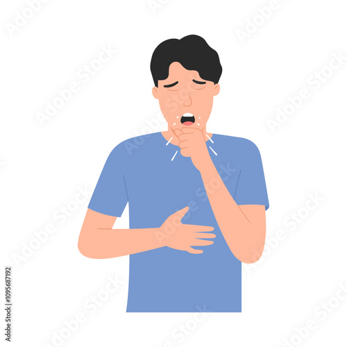 Man feeling unwell with a cold. Chronic cough and sore throat. Cough caused by a viral infection. Flat vector illustration