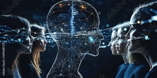 A thought-provoking image depicting a diverse group of individuals discussing ethical implications of artificial intelligence. photo