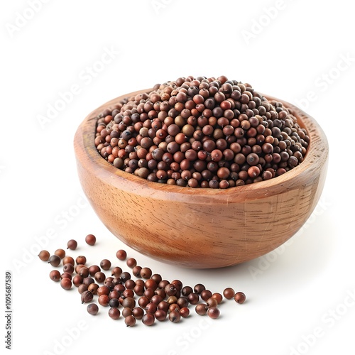 Full of Mustard Seeds in wooden bawl is on isolated