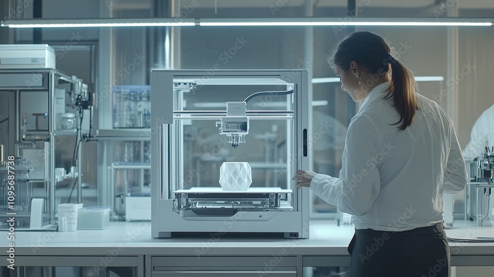 3D Printing Process - Engineers observing a 3D printer working on a project in a design studio, showcasing innovation. 3D Printing Process - Engineers observing a 3D printer working on a project in a design studio, showcasing innovation.