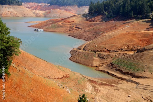Shasta Lake during August 2021 in California, low level of water.