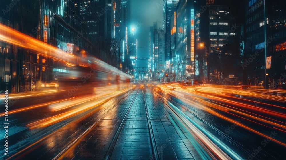 A vibrant city street at night with streaks of light from moving vehicles. A vibrant city street at night with streaks of light from moving vehicles.