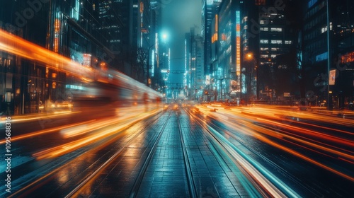 A vibrant city street at night with streaks of light from moving vehicles.