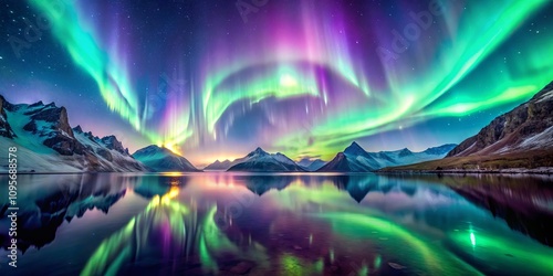 Serene mountain lake reflecting vibrant aurora borealis display