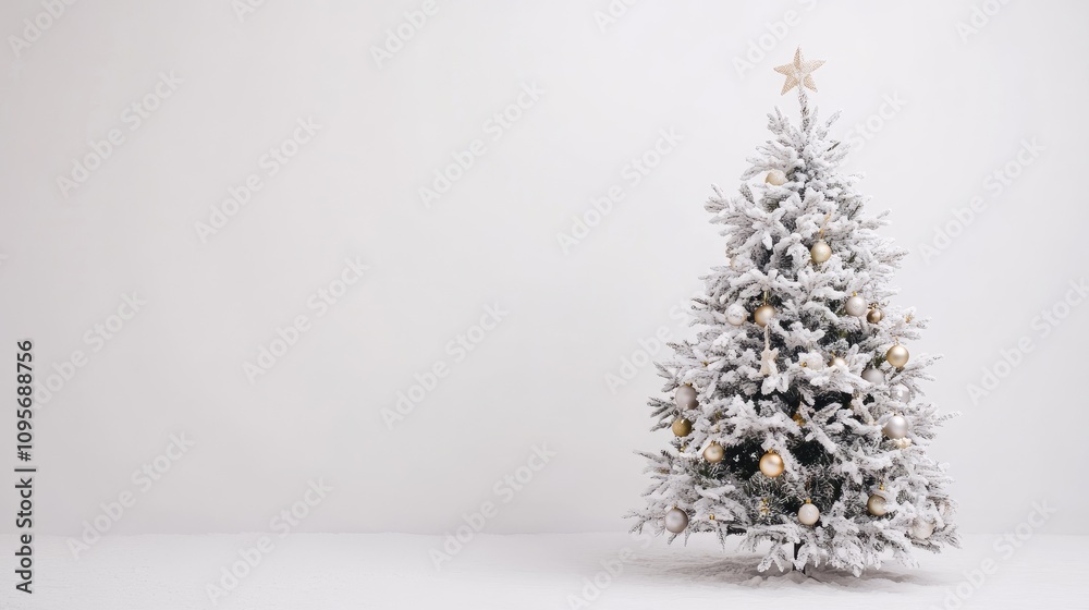 Christmas tree covered in artificial snow and holiday ornaments, standing alone on a white background Christmas tree covered in artificial snow and holiday ornaments, standing alone on a white background