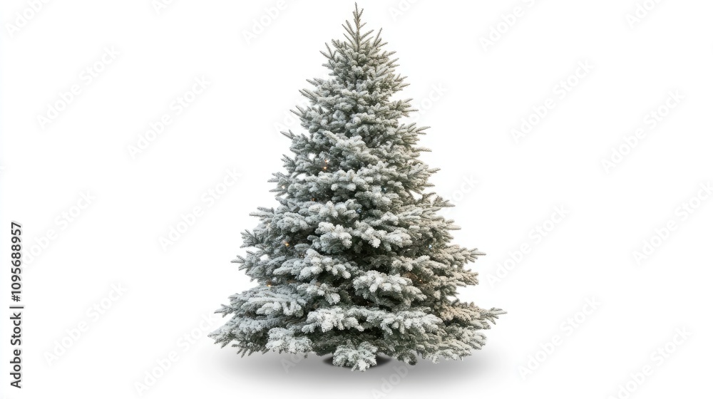 Fototapeta premium Christmas tree with snow-dusted branches and festive decorations, standing tall on a white background