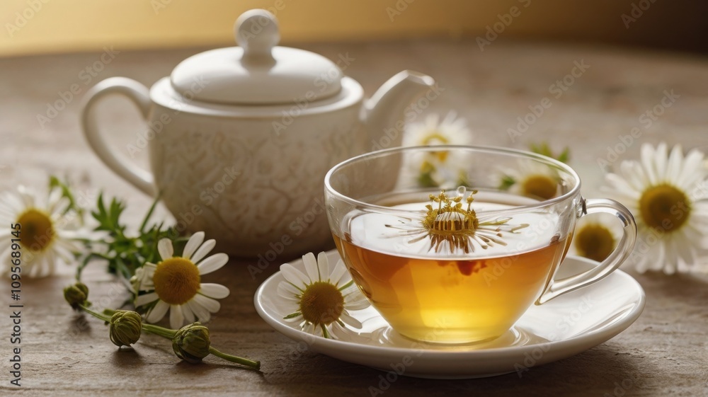 A steaming glass cup of chamomile tea sits on a wooden tray, surrounded by fresh chamomile flowers. Soft sunlight highlights the tea’s warm amber hue, with a rustic bowl of chamomile blooms in the bac A steaming glass cup of chamomile tea sits on a wooden tray, surrounded by fresh chamomile flowers. Soft sunlight highlights the tea’s warm amber hue, with a rustic bowl of chamomile blooms in the bac