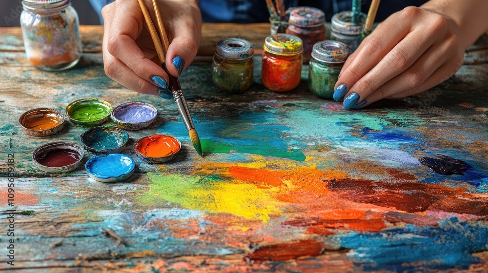 Fototapeta premium Close-up of hands painting Easter eggs in vibrant colors, brushes and paint jars surrounding the workspace on a wooden table