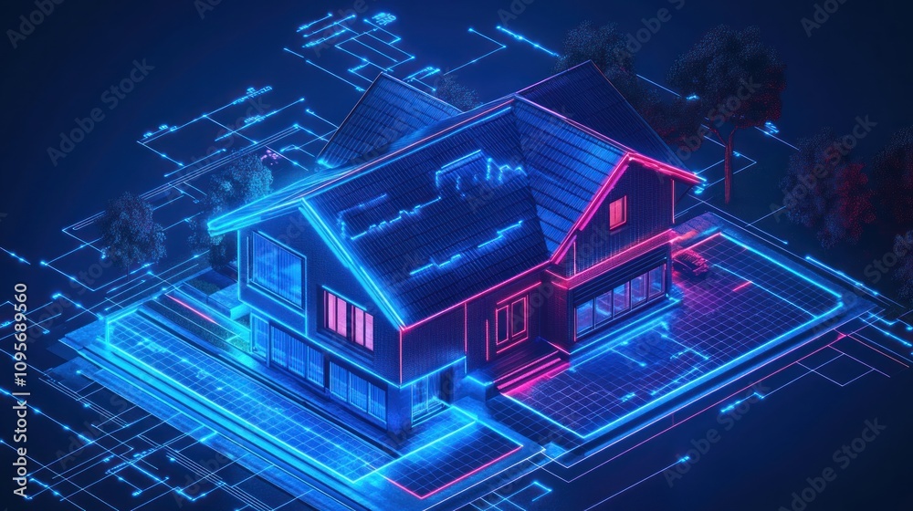A digital illustration of a house with neon blue and pink lights, showcasing smart technology. A digital illustration of a house with neon blue and pink lights, showcasing smart technology.