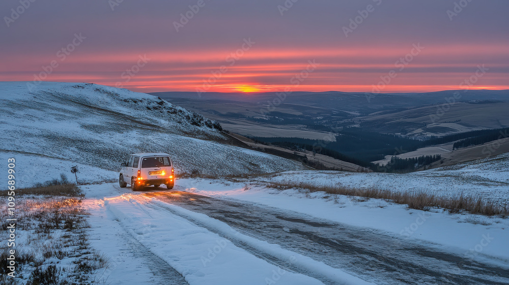 A snowy landscape at sunset with a vehicle on a winding road. A snowy landscape at sunset with a vehicle on a winding road.
