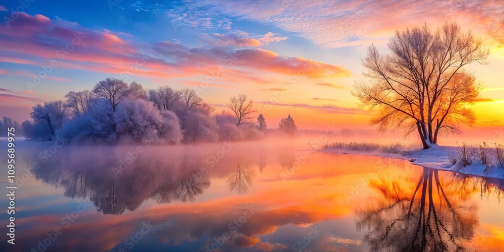 Serene Winter Sunrise Over a Misty River with Frost-Covered Trees and a Solitary Tree Silhouetted Against the Vivid Sky Serene Winter Sunrise Over a Misty River with Frost-Covered Trees and a Solitary Tree Silhouetted Against the Vivid Sky