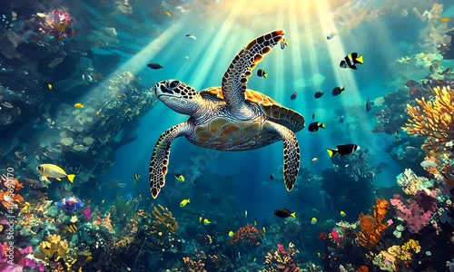 A serene underwater scene featuring a turtle swimming amidst colorful marine life.