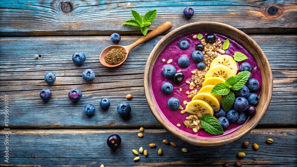 Vibrant Purple Smoothie Bowl with Fresh Berries and Tropical Fruit Toppings on Rustic Wooden Table Vibrant Purple Smoothie Bowl with Fresh Berries and Tropical Fruit Toppings on Rustic Wooden Table