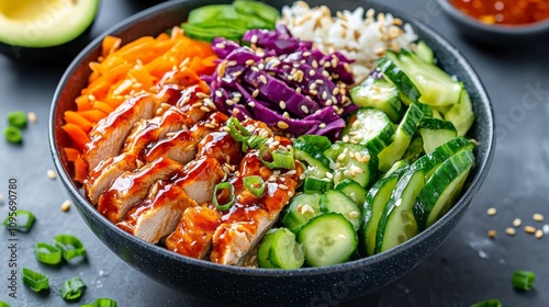 A vibrant bowl of fresh ingredients featuring chicken, vegetables, and sauce.