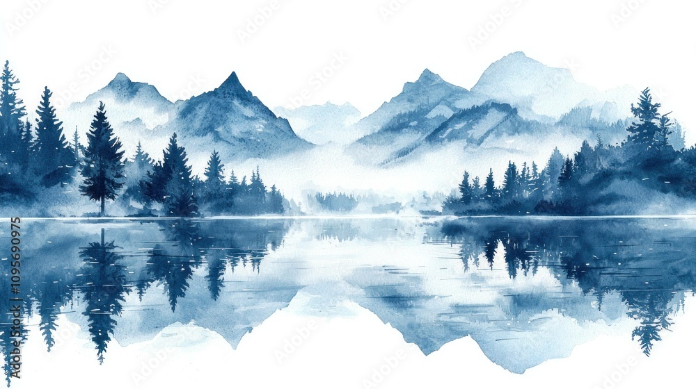 Fototapeta Serene mountain landscape with a calm lake, pine trees lining the shore, and misty peaks reflecting on the water surface. Nature and tranquility concept.