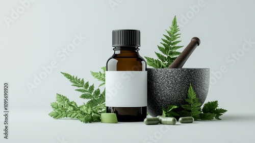 Aromatic essential oil bottle beside a stone mortar and vibrant green herbs. photo