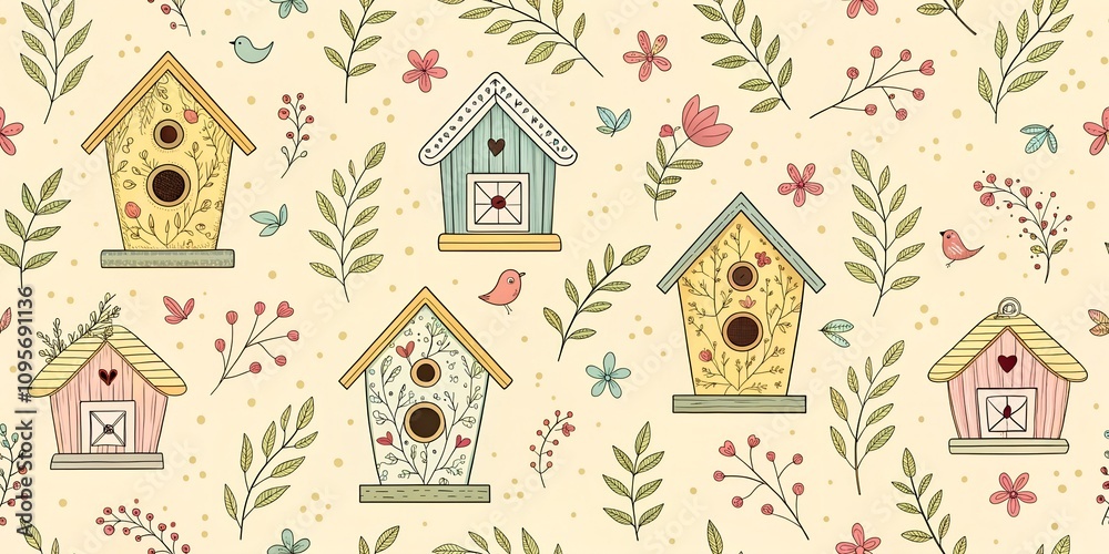 Hand drawn seamless pattern with hand drawn cute birdhouses and cute birds on white background, concept bird protection, bird day, spring arrival, for printing on packages and fabric. Hand drawn seamless pattern with hand drawn cute birdhouses and cute birds on white background, concept bird protection, bird day, spring arrival, for printing on packages and fabric.