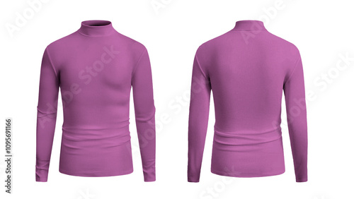 It features purple ribbed longsleeve mock neck shirts front and back views.