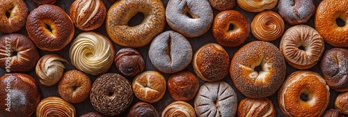 Top view of bagels with poppy seeds and raisins on wooden surface. photo