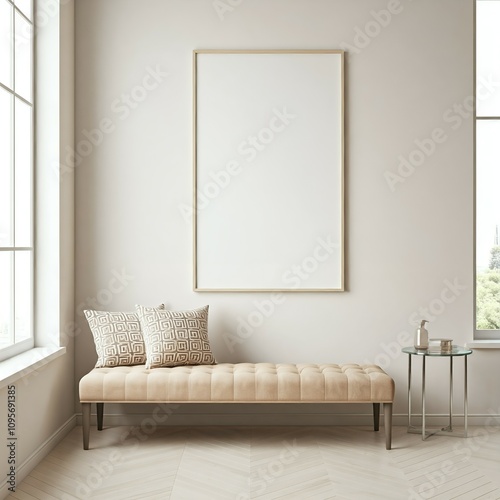 Minimalist room with a beige bench, two cushions, and a small table. A blank canvas is on the wall, with floor-to-ceiling windows on either side letting in natural light. photo