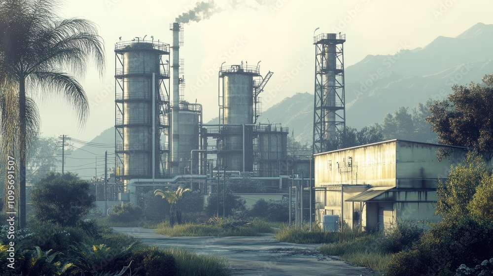 Obraz premium Industrial plant near mountains.