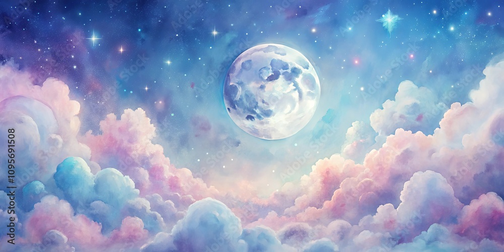 Obraz premium Dreamlike Celestial Scene A Full Moon Shines Brightly Above Soft, Pastel Clouds and a Starry Night Sky