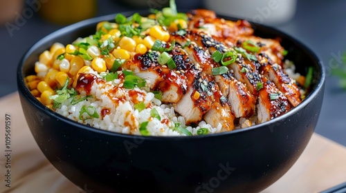 Delicious grilled chicken served over rice with corn and green onions.