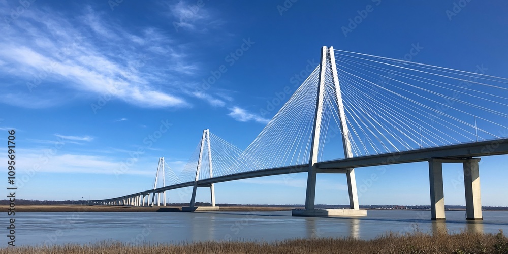 Fototapeta premium modern highway overpass against a vibrant blue sky with scenic white clouds.