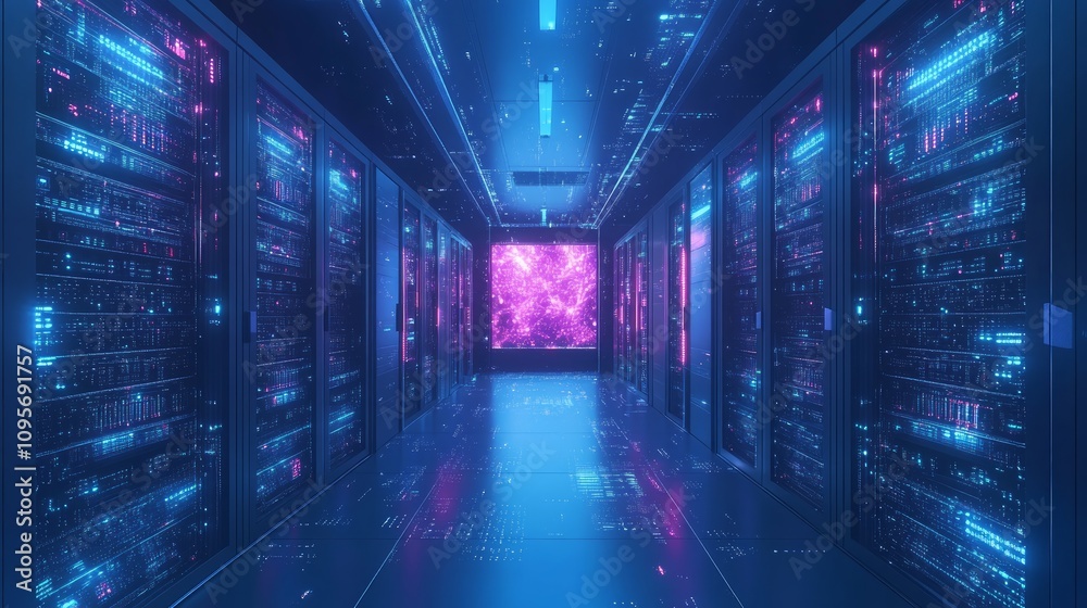 Futuristic server room with glowing data streams and vibrant screen. Futuristic server room with glowing data streams and vibrant screen.