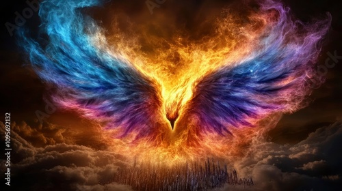 Fiery Phoenix Mythical Creature Rising from Ashes, Digital Art photo