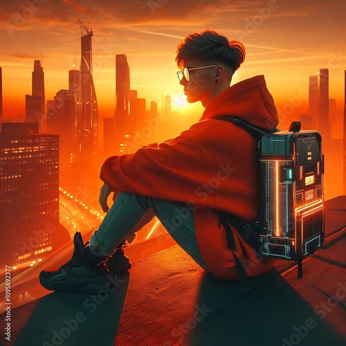Cyberpunk Sunrise: Futuristic Urban Explorer in Vibrant Orange Glow