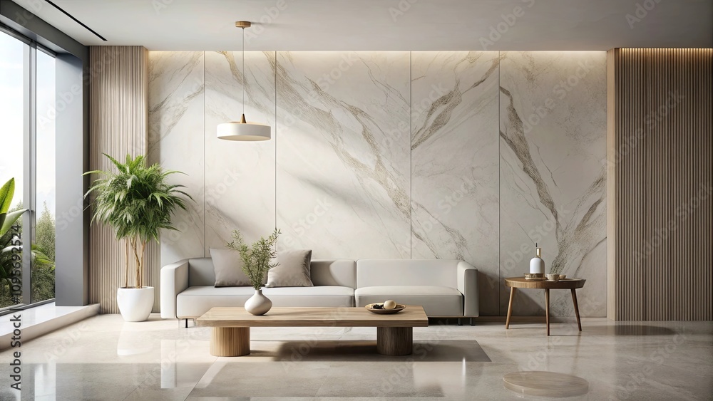 Serene Minimalist Living Room with Light Wood Accents and Marble Wall Serene Minimalist Living Room with Light Wood Accents and Marble Wall