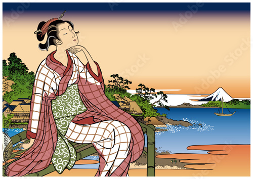 富士山を見上げる着物の女性
