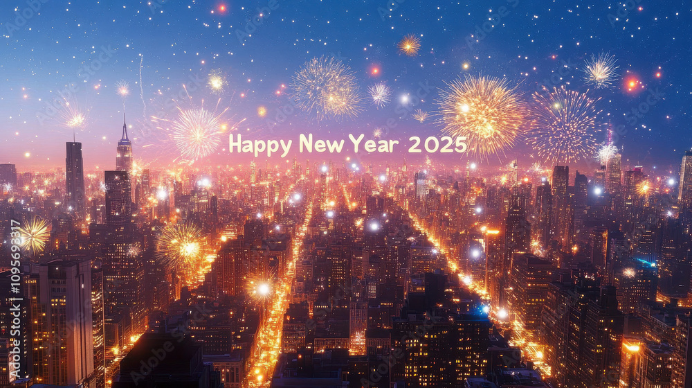 Fototapeta premium A vibrant city skyline illuminated by fireworks, celebrating New Year 2025.