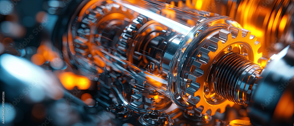 Close up of an engine, with translucent gears and chrome parts, light reflections, and orange highlights, generative AI Close up of an engine, with translucent gears and chrome parts, light reflections, and orange highlights, generative AI