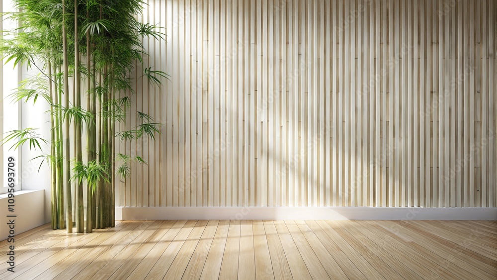 Serene Minimalist Interior with Bamboo Plants and Light Wood Wall Serene Minimalist Interior with Bamboo Plants and Light Wood Wall