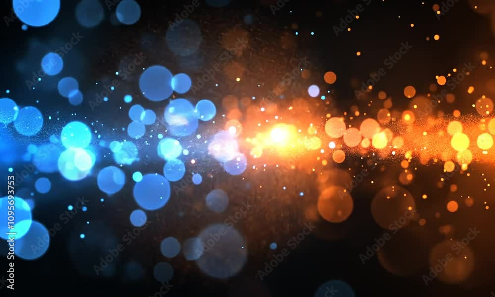 A vibrant abstract background with blue and orange bokeh lights creating a dynamic visual effect.