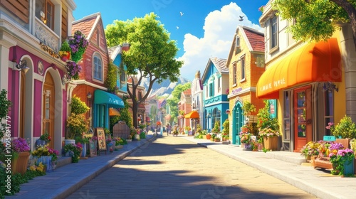 Sunny street, colorful houses.