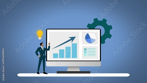 Graph of increasing income, A confident businessman, full of ideas, stands in front of a computer displaying financial graphs and diagrams showing a rise in income.