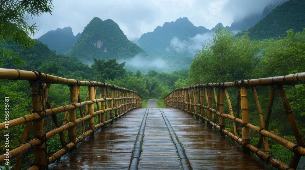 Fototapeta premium Bamboo bridge in misty mountains.