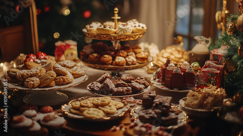 christmas cookies and desserts on table setting for holiday dinner party