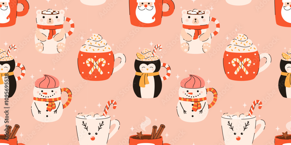 Seamless pattern with the image of Christmas drinks. Hot chocolate, cocoa, lemon tea, marshmallows, cinnamon, spices. Flat vector illustration. Seamless pattern with the image of Christmas drinks. Hot chocolate, cocoa, lemon tea, marshmallows, cinnamon, spices. Flat vector illustration.
