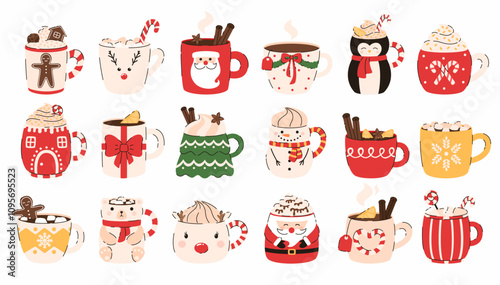 Large set of Christmas drinks. Hot chocolate, cocoa, lemon tea, marshmallows, cinnamon, spices. Flat vector illustration.