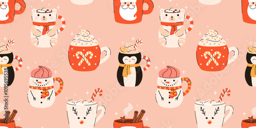 Seamless pattern with the image of Christmas drinks. Hot chocolate, cocoa, lemon tea, marshmallows, cinnamon, spices. Flat vector illustration.