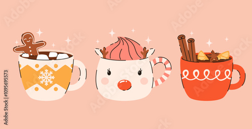 Set of Christmas drinks. Hot chocolate, cocoa, tea, marshmallows, cinnamon, spices. Flat vector illustration.